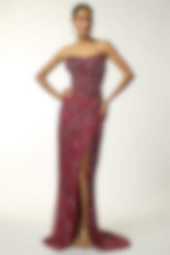 Maroon & Red Satin Lycra Embellished Trail Skirt Set by DiyaRajvvir at Pernia's Pop Up Shop