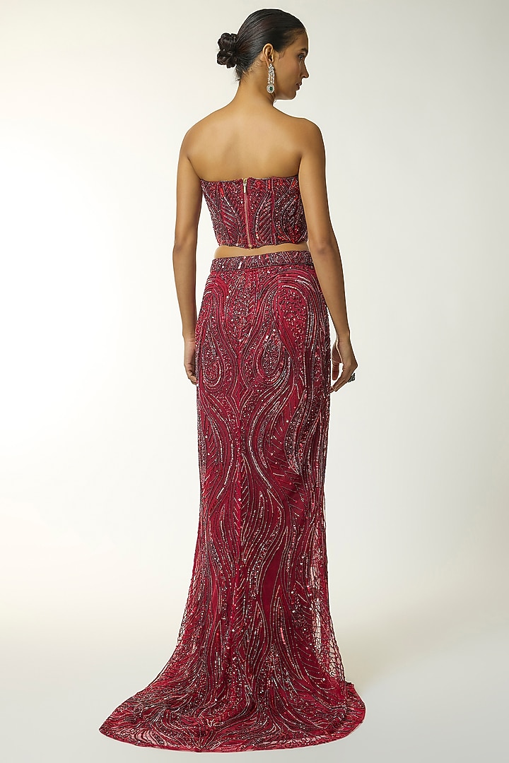 Maroon & Red Satin Lycra Embellished Trail Skirt Set by DiyaRajvvir at Pernia's Pop Up Shop