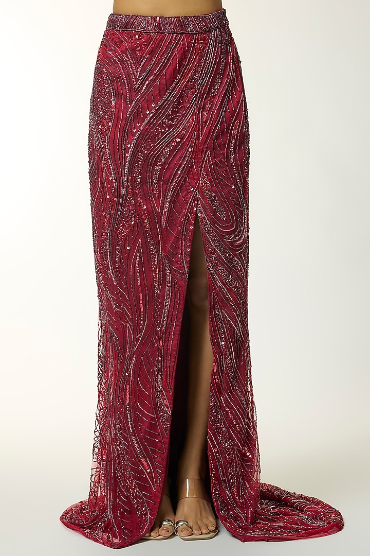 Maroon & Red Satin Lycra Embellished Trail Skirt Set by DiyaRajvvir at Pernia's Pop Up Shop