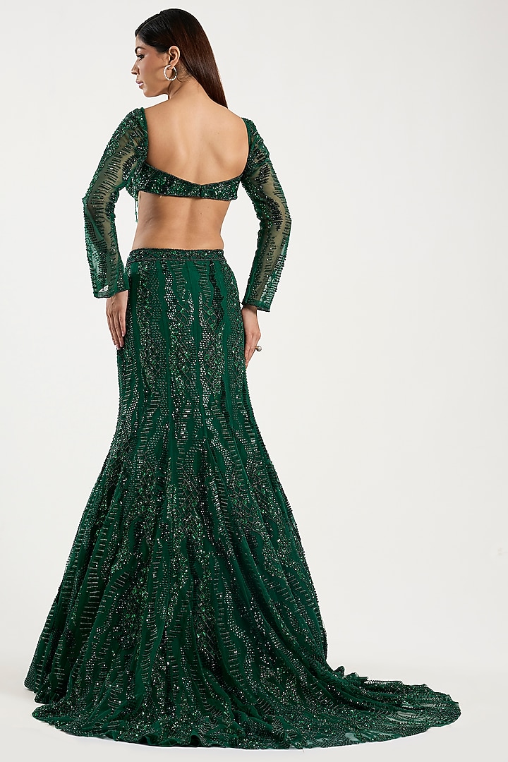 Emerald Green Tulle Abstract Embellished Mermaid Bridal Lehenga Set by DiyaRajvvir at Pernia's Pop Up Shop