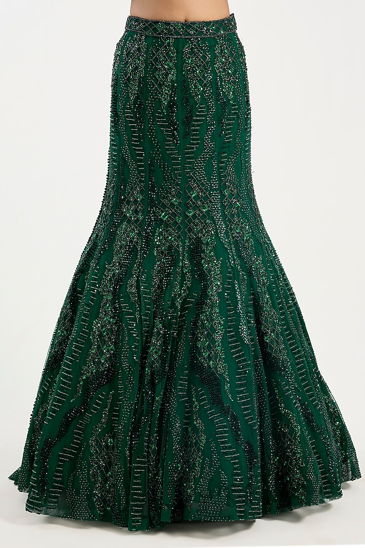 Emerald Green Tulle Abstract Embellished Mermaid Bridal Lehenga Set by DiyaRajvvir at Pernia's Pop Up Shop