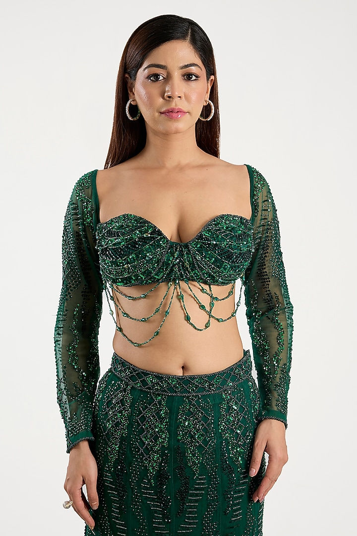 Emerald Green Tulle Abstract Embellished Mermaid Bridal Lehenga Set by DiyaRajvvir at Pernia's Pop Up Shop