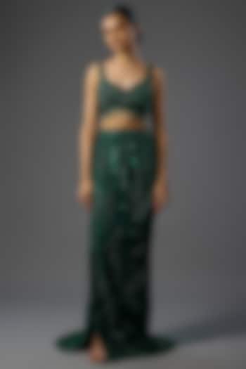 Emerald Green Satin Lycra Embellished Trail Skirt Set by DiyaRajvvir at Pernia's Pop Up Shop