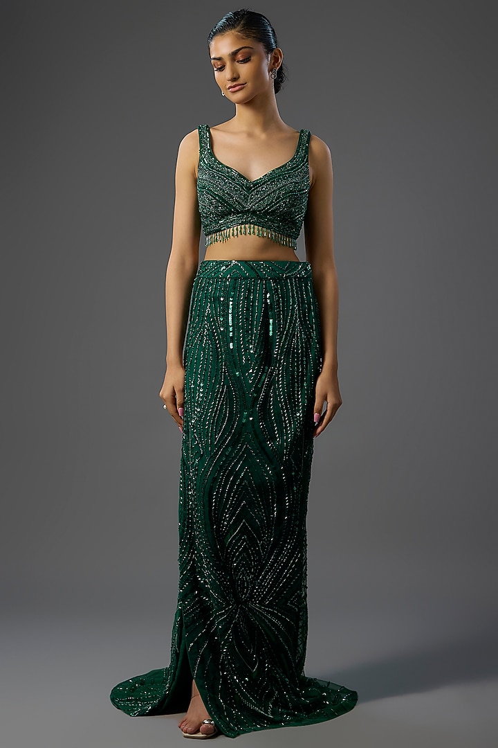 Emerald Green Satin Lycra Embellished Trail Skirt Set by DiyaRajvvir at Pernia's Pop Up Shop