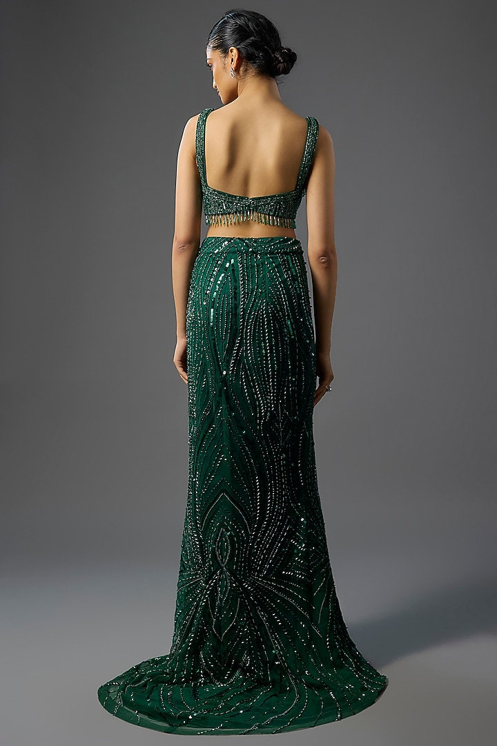 Emerald Green Satin Lycra Embellished Trail Skirt Set by DiyaRajvvir at Pernia's Pop Up Shop
