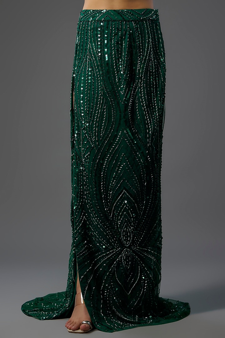 Emerald Green Satin Lycra Embellished Trail Skirt Set by DiyaRajvvir at Pernia's Pop Up Shop