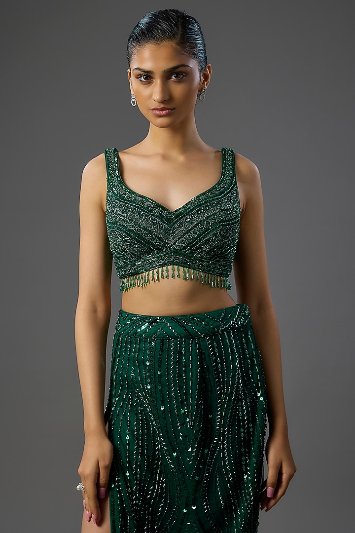 Emerald Green Satin Lycra Embellished Trail Skirt Set by DiyaRajvvir at Pernia's Pop Up Shop