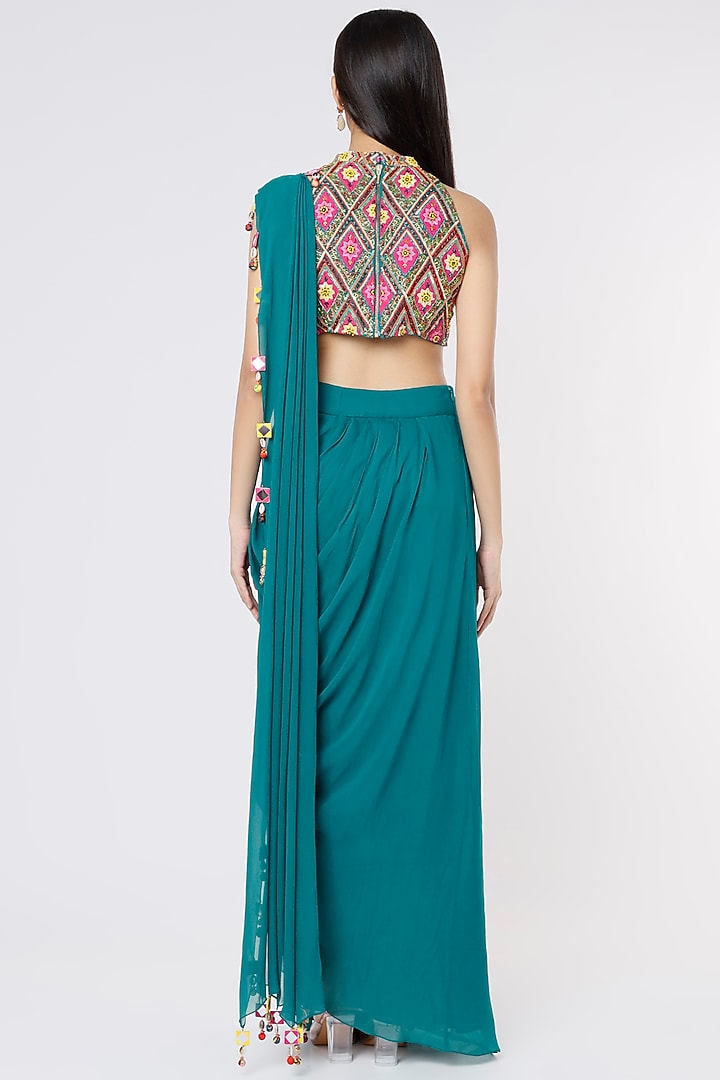 Teal Blue Cotton Silk Dhoti Wedding Saree Set by Diya Rajvvir at Pernia's Pop Up Shop