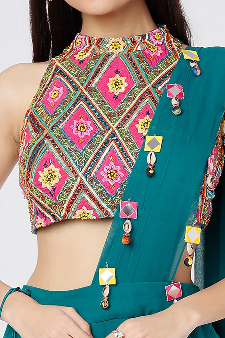 Teal Blue Cotton Silk Dhoti Wedding Saree Set by Diya Rajvvir at Pernia's Pop Up Shop