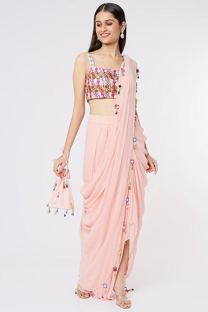 Blush Pink Cotton Silk Dhoti Saree Set by Diya Rajvvir
