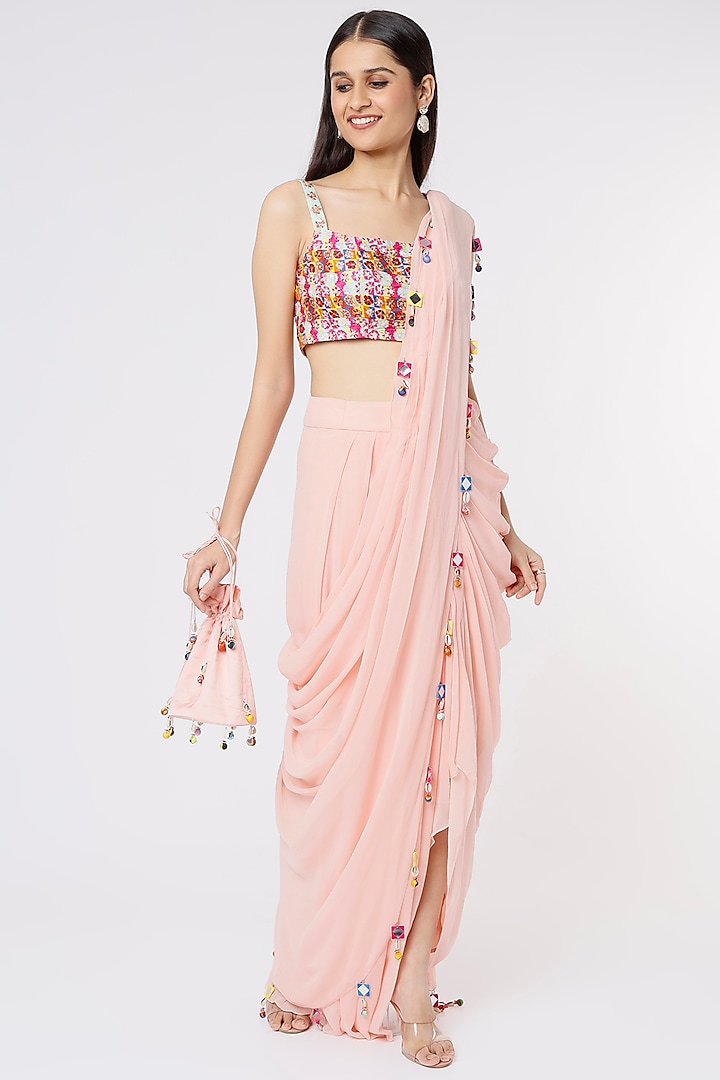 Blush Pink Cotton Silk Dhoti Saree Set by Diya Rajvvir at Pernia's Pop Up Shop