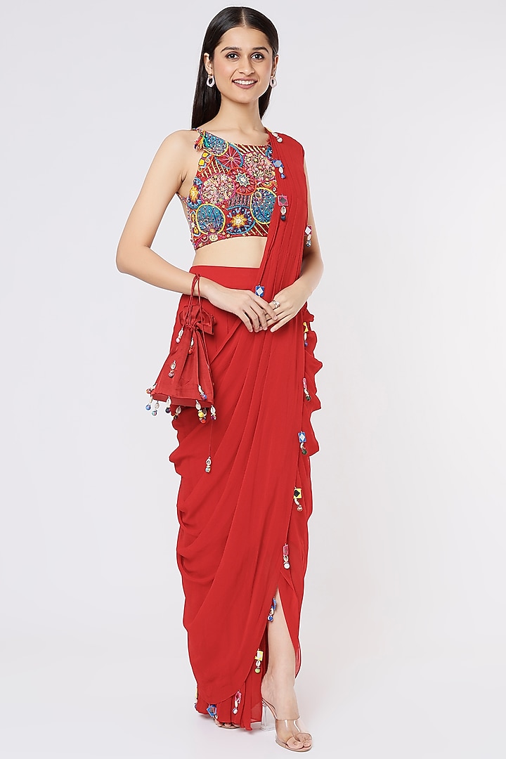 Red Cotton Silk Dhoti Saree Set by Diya Rajvvir at Pernia's Pop Up Shop