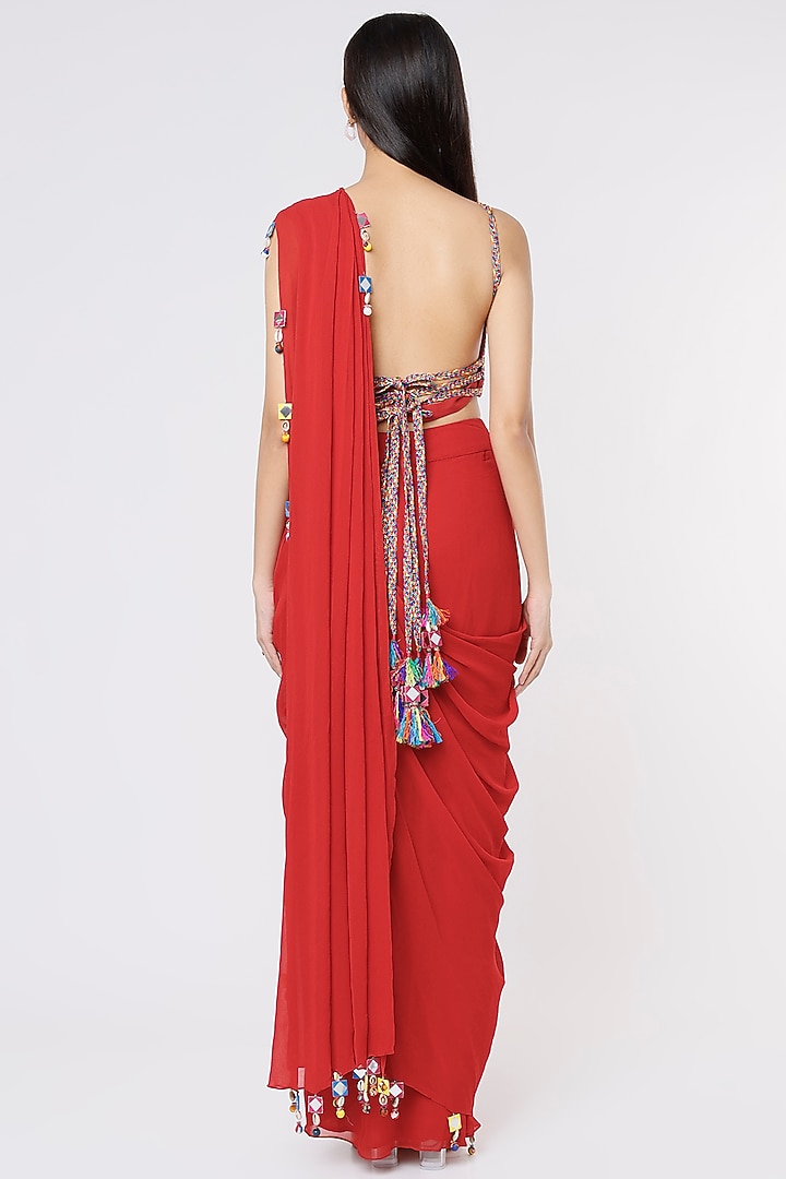 Red Cotton Silk Dhoti Wedding Saree Set by Diya Rajvvir at Pernia's Pop Up Shop