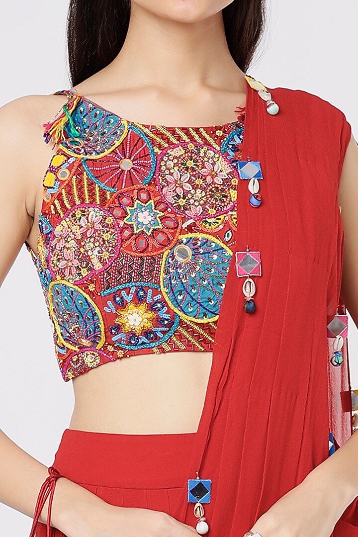 Red Cotton Silk Dhoti Wedding Saree Set by Diya Rajvvir at Pernia's Pop Up Shop