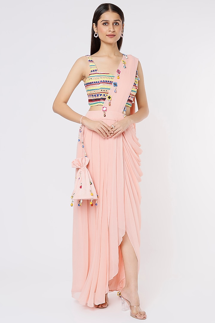 Blush Pink Cotton Silk & Georgette Dhoti Wedding Saree Set by Diya Rajvvir at Pernia's Pop Up Shop