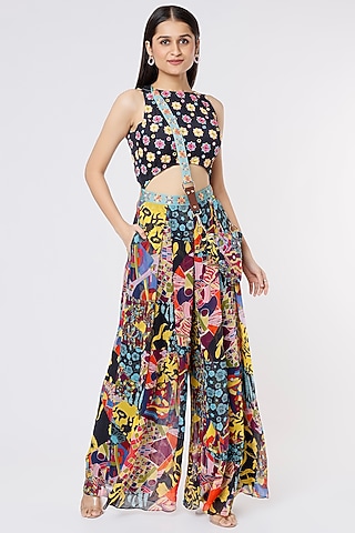 Black Printed Jumpsuit With Sling Bag by Diya Rajvvir