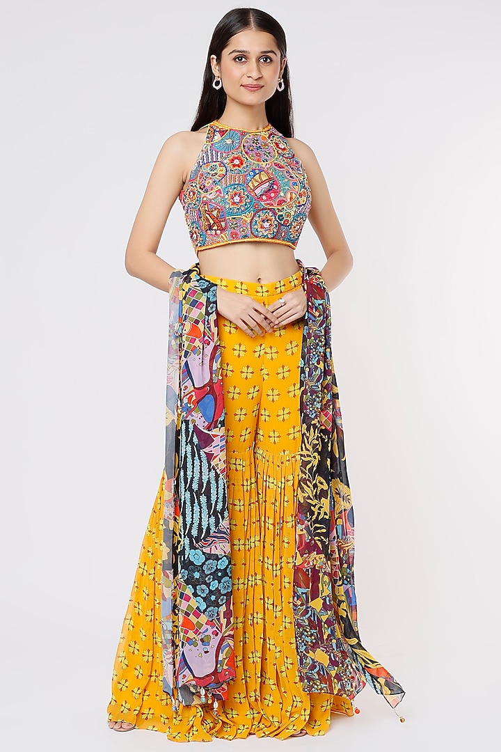 Yellow Cotton Silk Gharara Set by Diya Rajvvir