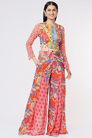 Pink & Blue Printed Pant Set With Sling Bag by Diya Rajvvir