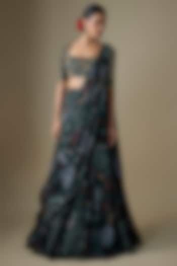 Dark Green Georgette Floral Printed Mermaid Skirt Wedding Saree Set by DiyaRajvvir at Pernia's Pop Up Shop
