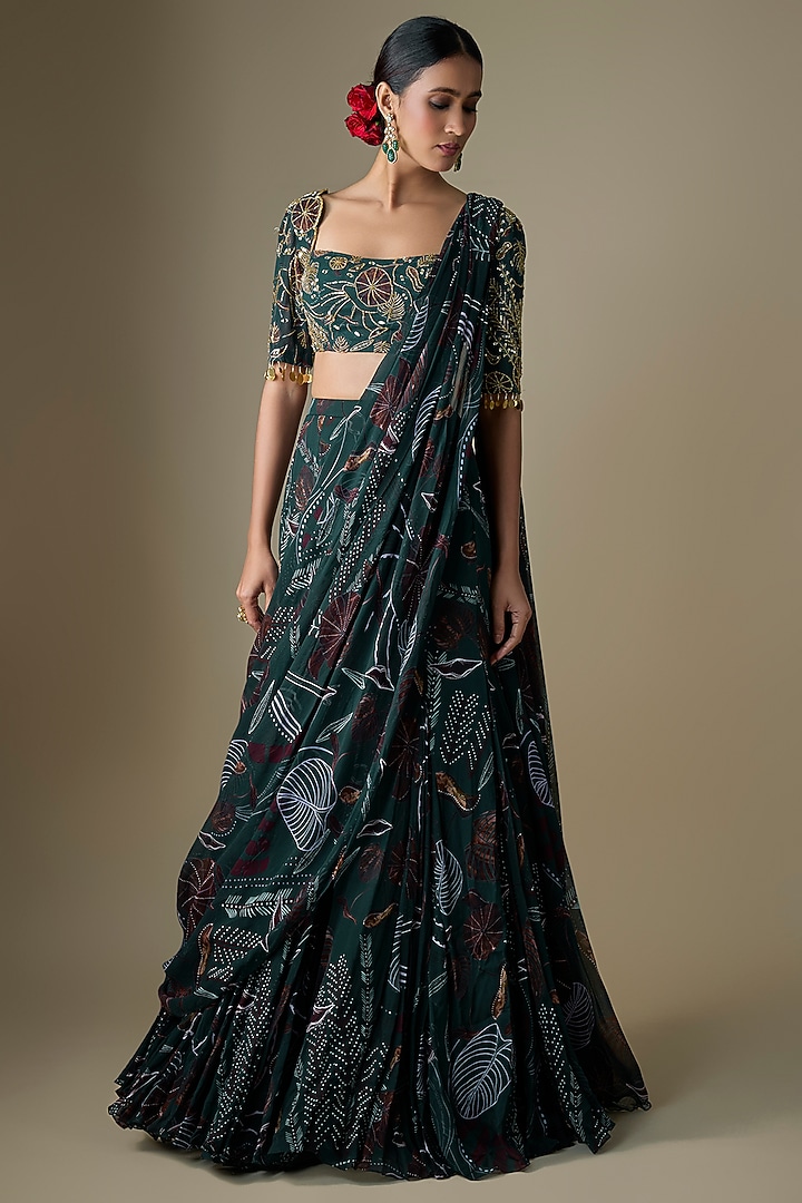 Dark Green Georgette Floral Printed Mermaid Skirt Wedding Saree Set by DiyaRajvvir at Pernia's Pop Up Shop