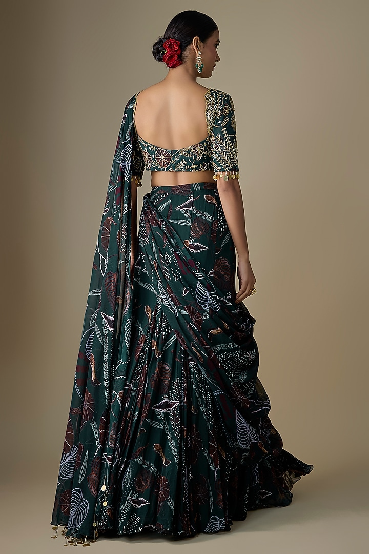 Dark Green Georgette Floral Printed Mermaid Skirt Wedding Saree Set by DiyaRajvvir at Pernia's Pop Up Shop
