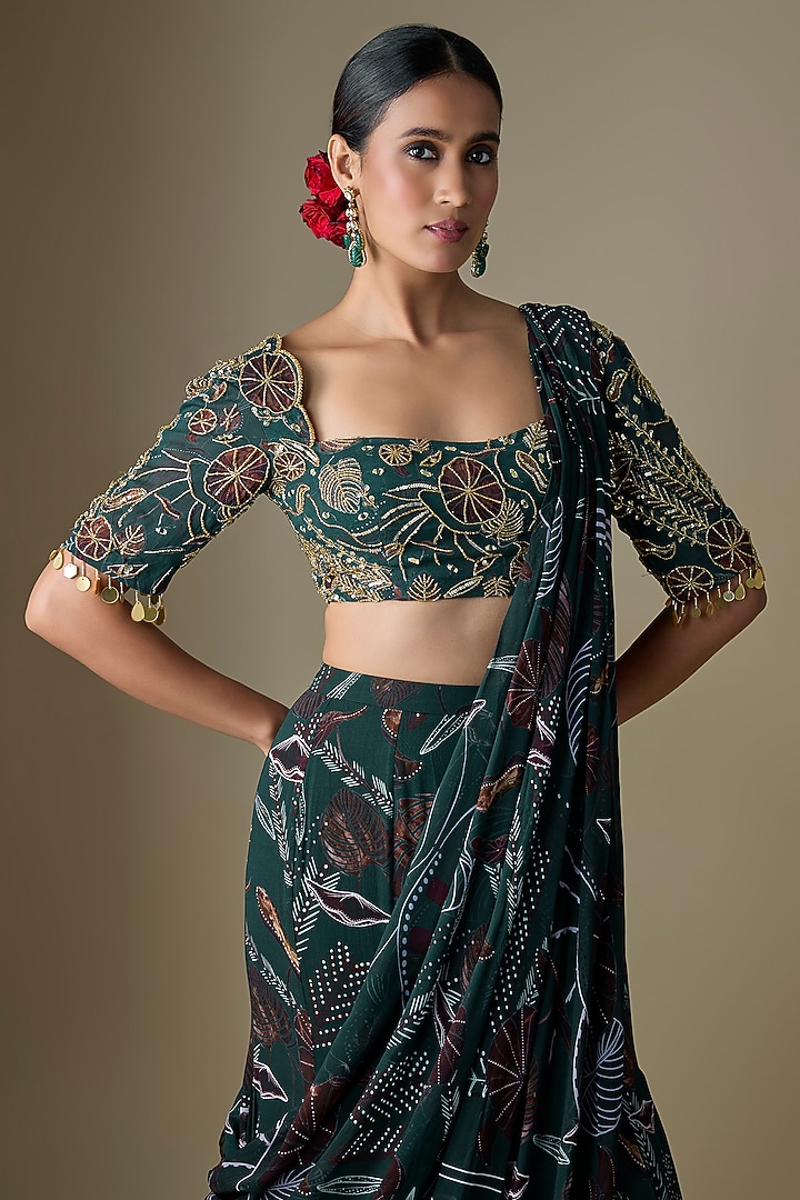 Dark Green Georgette Floral Printed Mermaid Skirt Wedding Saree Set by DiyaRajvvir at Pernia's Pop Up Shop