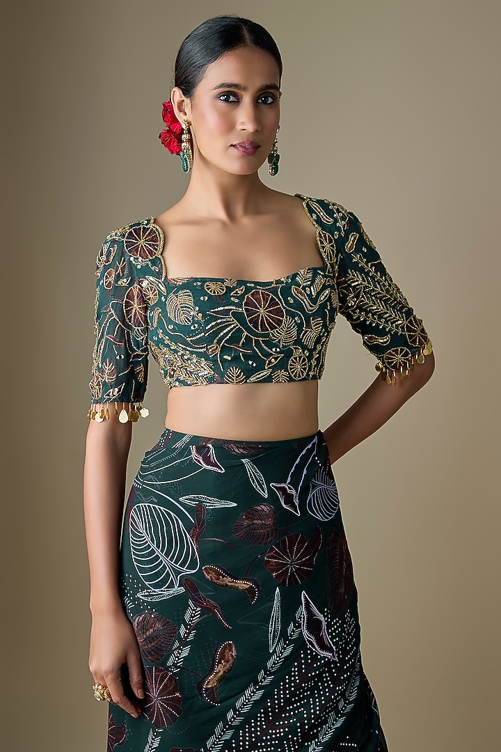 Dark Green Georgette Floral Printed Mermaid Skirt Wedding Saree Set by DiyaRajvvir at Pernia's Pop Up Shop