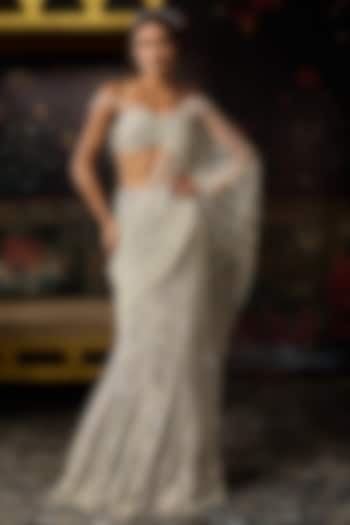 Silver Tulle Embellished Mermaid Skirt Reception Saree Set by DiyaRajvvir at Pernia's Pop Up Shop