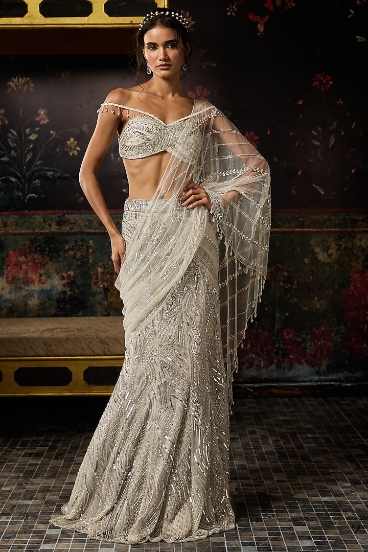 Silver Tulle Embellished Mermaid Skirt Reception Saree Set by DiyaRajvvir at Pernia's Pop Up Shop