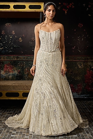 Silver Tulle Embellished Mermaid Lehenga Set by DiyaRajvvir