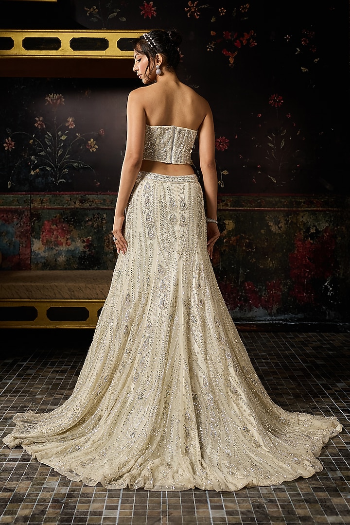 Silver Tulle Embellished Mermaid Bridal Lehenga Set by DiyaRajvvir at Pernia's Pop Up Shop