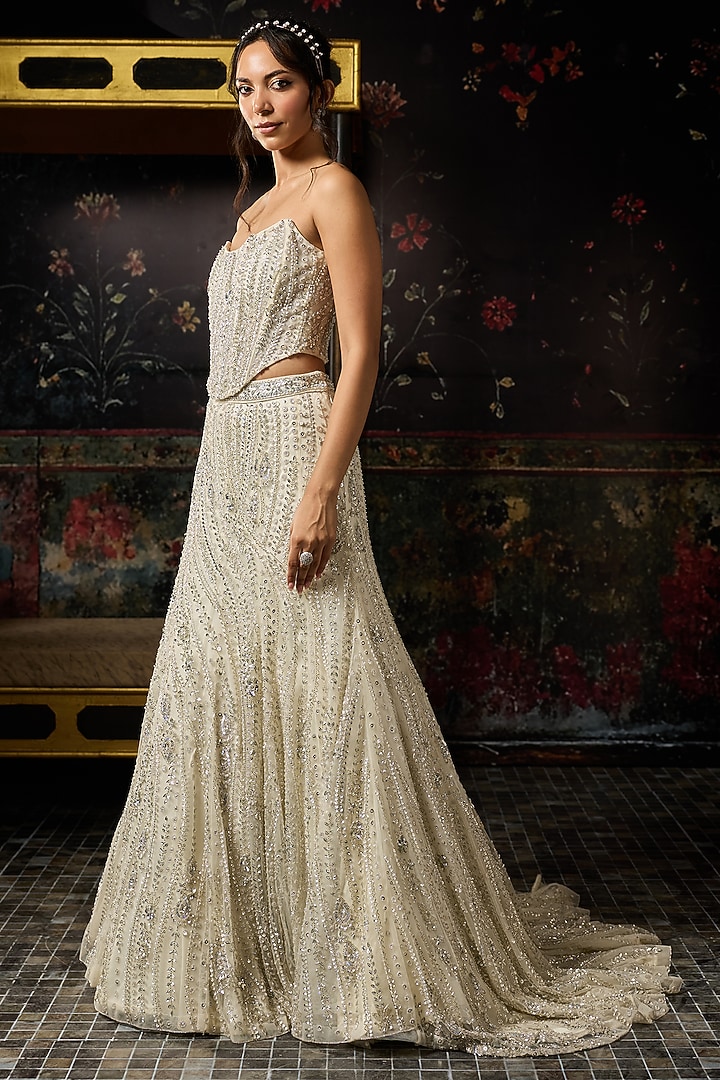 Silver Tulle Embellished Mermaid Bridal Lehenga Set by DiyaRajvvir at Pernia's Pop Up Shop