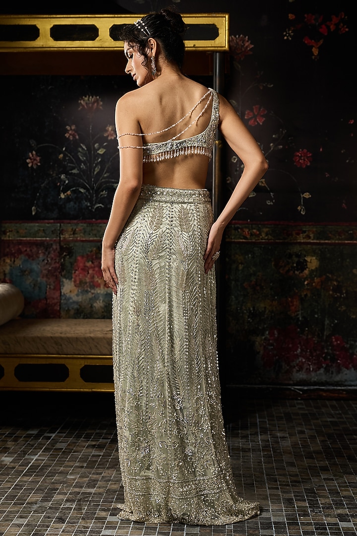 Silver Tulle Embellished Slit Skirt Set by DiyaRajvvir at Pernia's Pop Up Shop