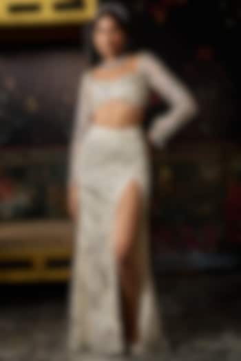 Ivory & Silver Tulle Embellished Overlapped Slit Skirt Set by DiyaRajvvir at Pernia's Pop Up Shop