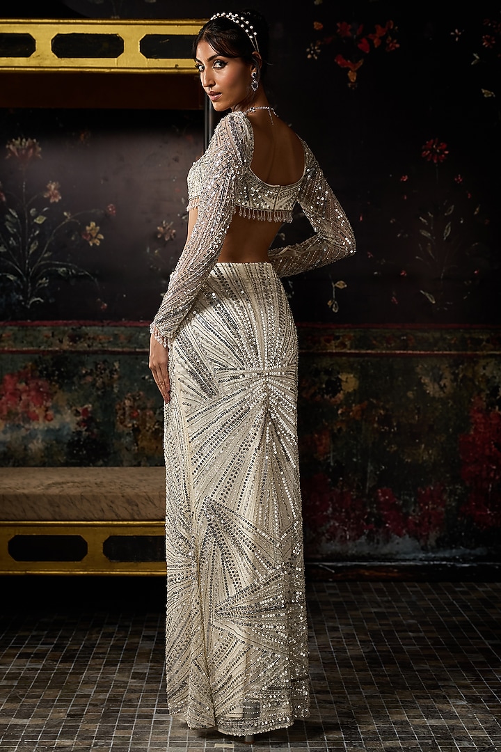 Ivory & Silver Tulle Embellished Overlapped Slit Skirt Set by DiyaRajvvir at Pernia's Pop Up Shop