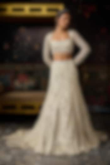 Silver Tulle Embellished Mermaid Bridal Lehenga Set by DiyaRajvvir at Pernia's Pop Up Shop