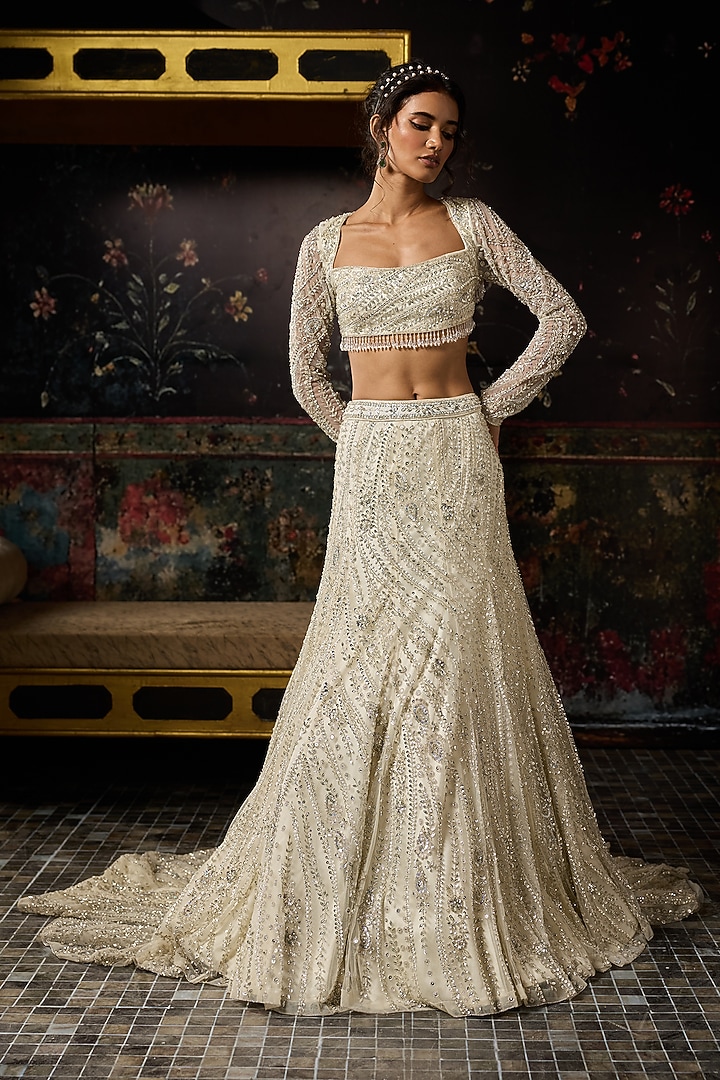 Silver Tulle Embellished Mermaid Bridal Lehenga Set by DiyaRajvvir at Pernia's Pop Up Shop