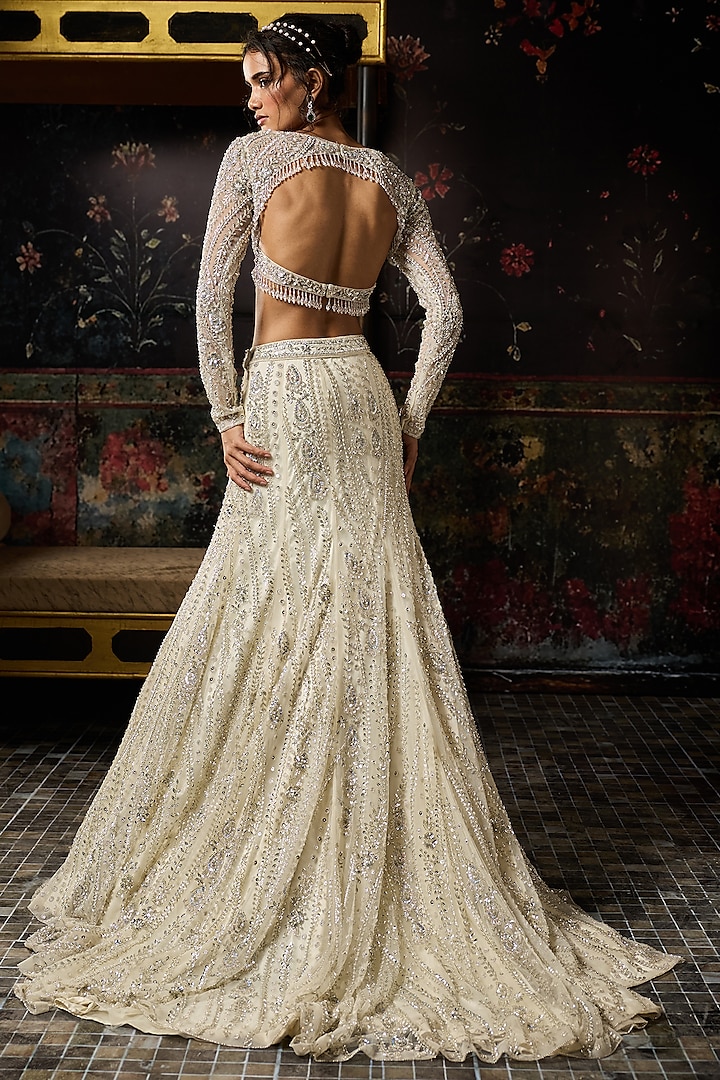 Silver Tulle Embellished Mermaid Bridal Lehenga Set by DiyaRajvvir at Pernia's Pop Up Shop