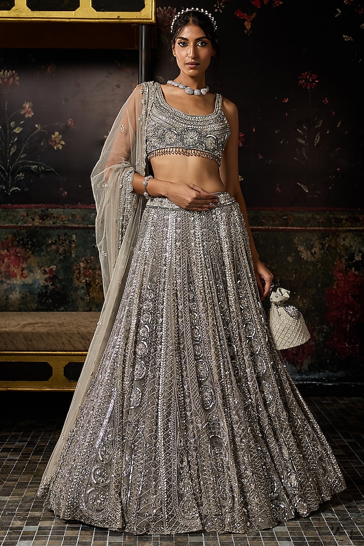 Gunmetal Grey Tulle Circle Arc Embellished Bridal Lehenga Set by DiyaRajvvir at Pernia's Pop Up Shop