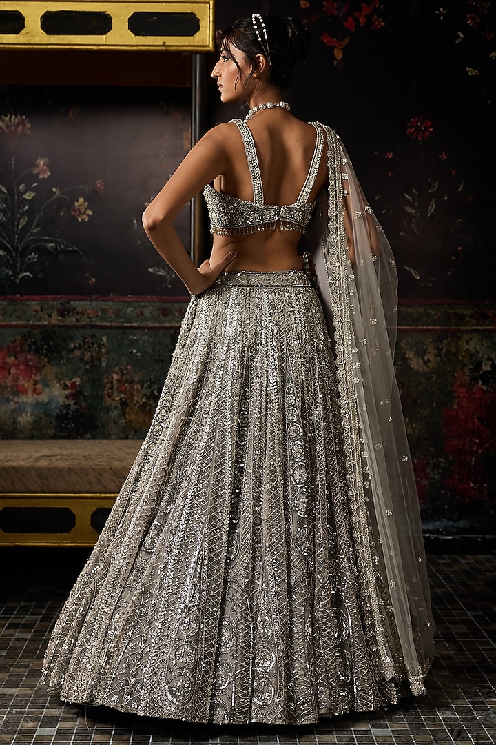 Gunmetal Grey Tulle Circle Arc Embellished Bridal Lehenga Set by DiyaRajvvir at Pernia's Pop Up Shop