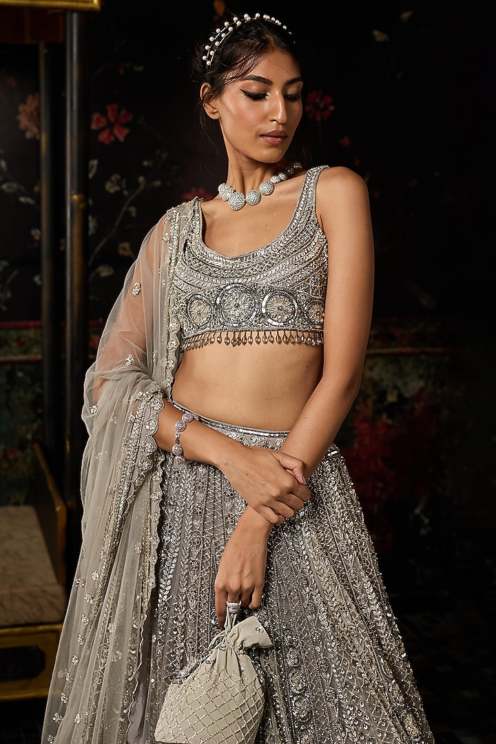 Gunmetal Grey Tulle Circle Arc Embellished Bridal Lehenga Set by DiyaRajvvir at Pernia's Pop Up Shop