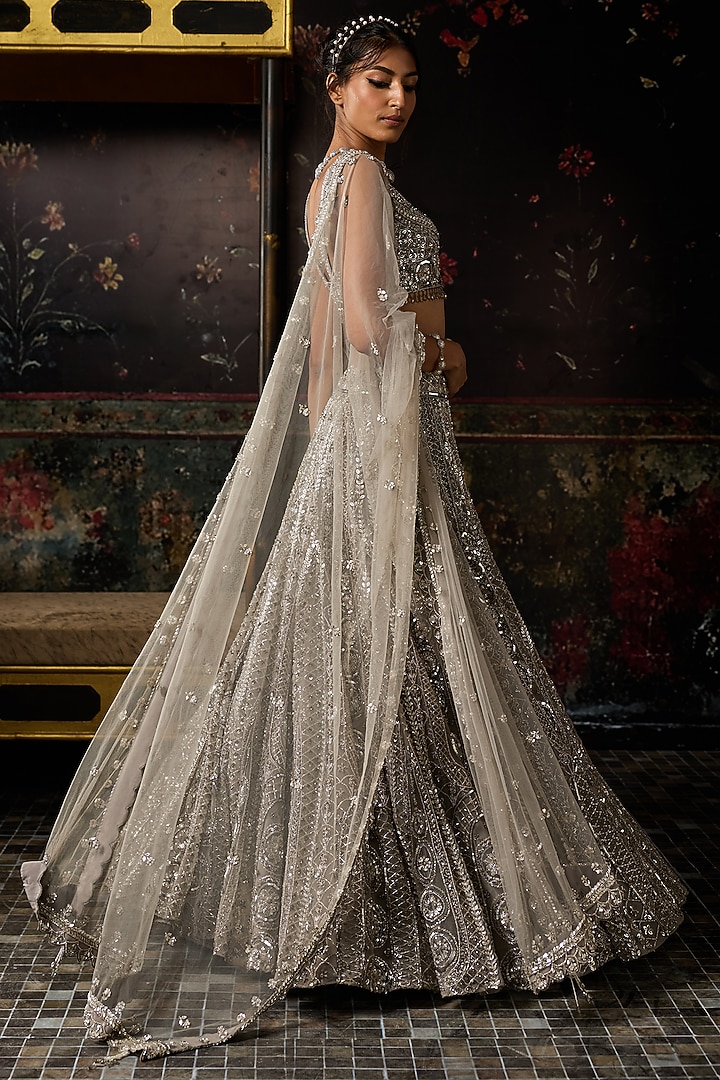 Gunmetal Grey Tulle Circle Arc Embellished Bridal Lehenga Set by DiyaRajvvir at Pernia's Pop Up Shop