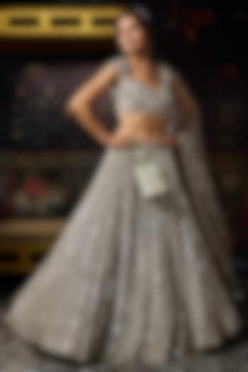 Silver Tulle Mirror Embellished Bridal Lehenga Set by DiyaRajvvir at Pernia's Pop Up Shop