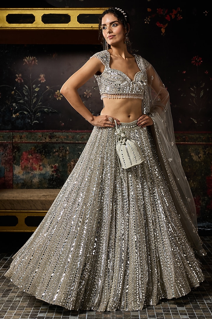 Silver Tulle Mirror Embellished Bridal Lehenga Set by DiyaRajvvir at Pernia's Pop Up Shop