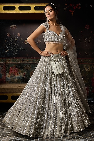 Silver Tulle Mirror Embellished Lehenga Set by DiyaRajvvir