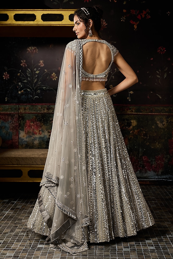 Silver Tulle Mirror Embellished Bridal Lehenga Set by DiyaRajvvir at Pernia's Pop Up Shop
