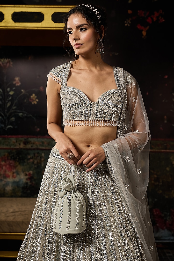 Silver Tulle Mirror Embellished Bridal Lehenga Set by DiyaRajvvir at Pernia's Pop Up Shop