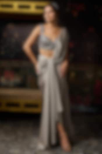 Grey Armani Satin Pre-Draped Skirt Wedding Saree Set by DiyaRajvvir at Pernia's Pop Up Shop
