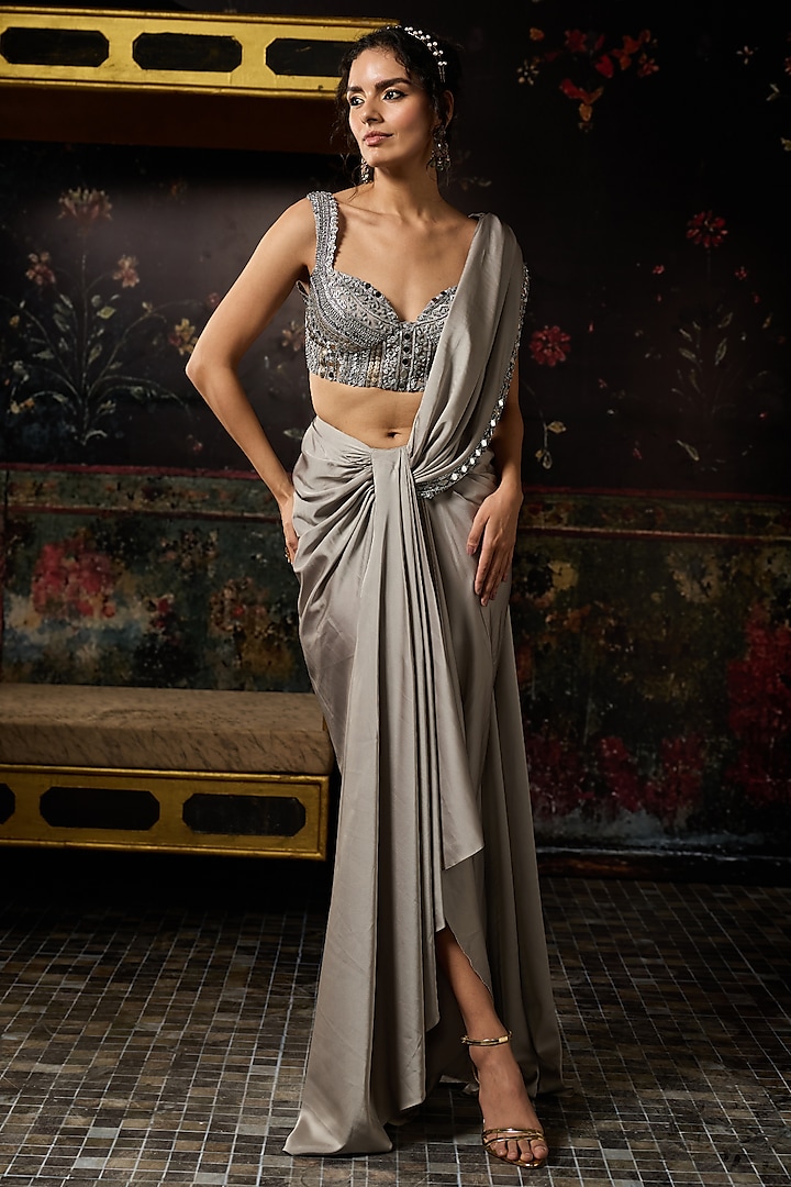 Grey Armani Satin Pre-Draped Skirt Wedding Saree Set by DiyaRajvvir at Pernia's Pop Up Shop
