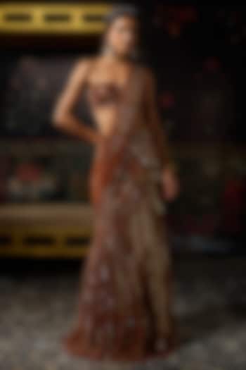 Metallic Rust Tulle Embellished Pre-Draped Skirt Reception Saree Set by DiyaRajvvir at Pernia's Pop Up Shop